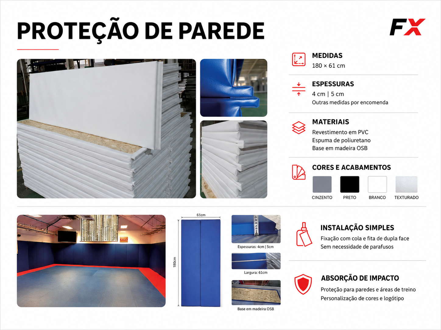 Ficha técnica das proteções de parede FX com medidas, espessuras, materiais e instalação