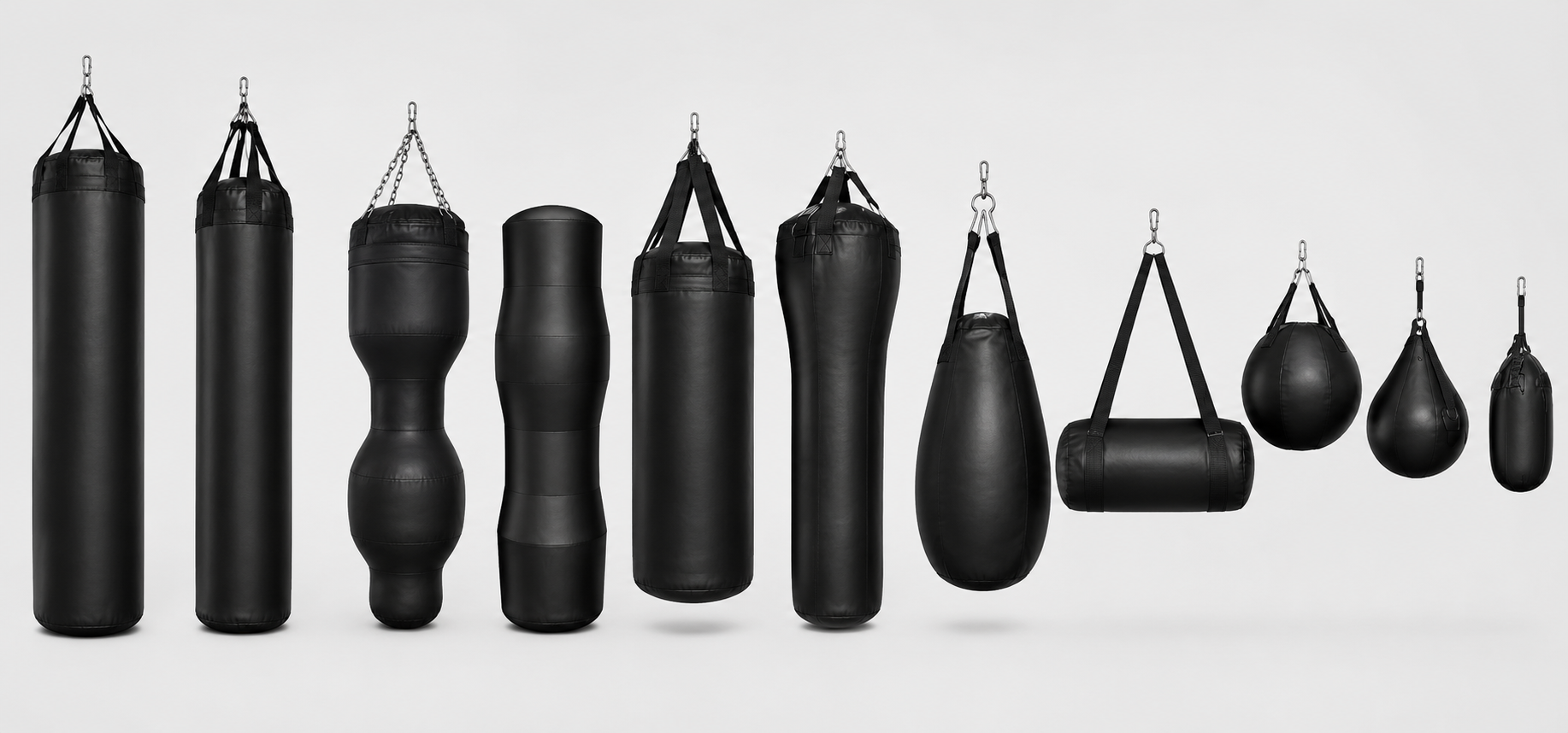 Gama completa de sacos de pancada FX: heavy bags, body shape, teardrop, uppercut horizontal, wrecking ball e precision bag