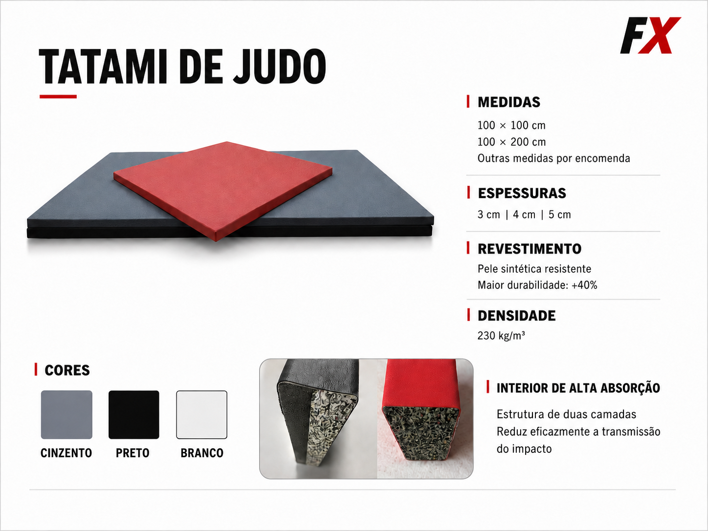 Ficha técnica do tatami de judo FX com medidas, espessuras, revestimento e densidade