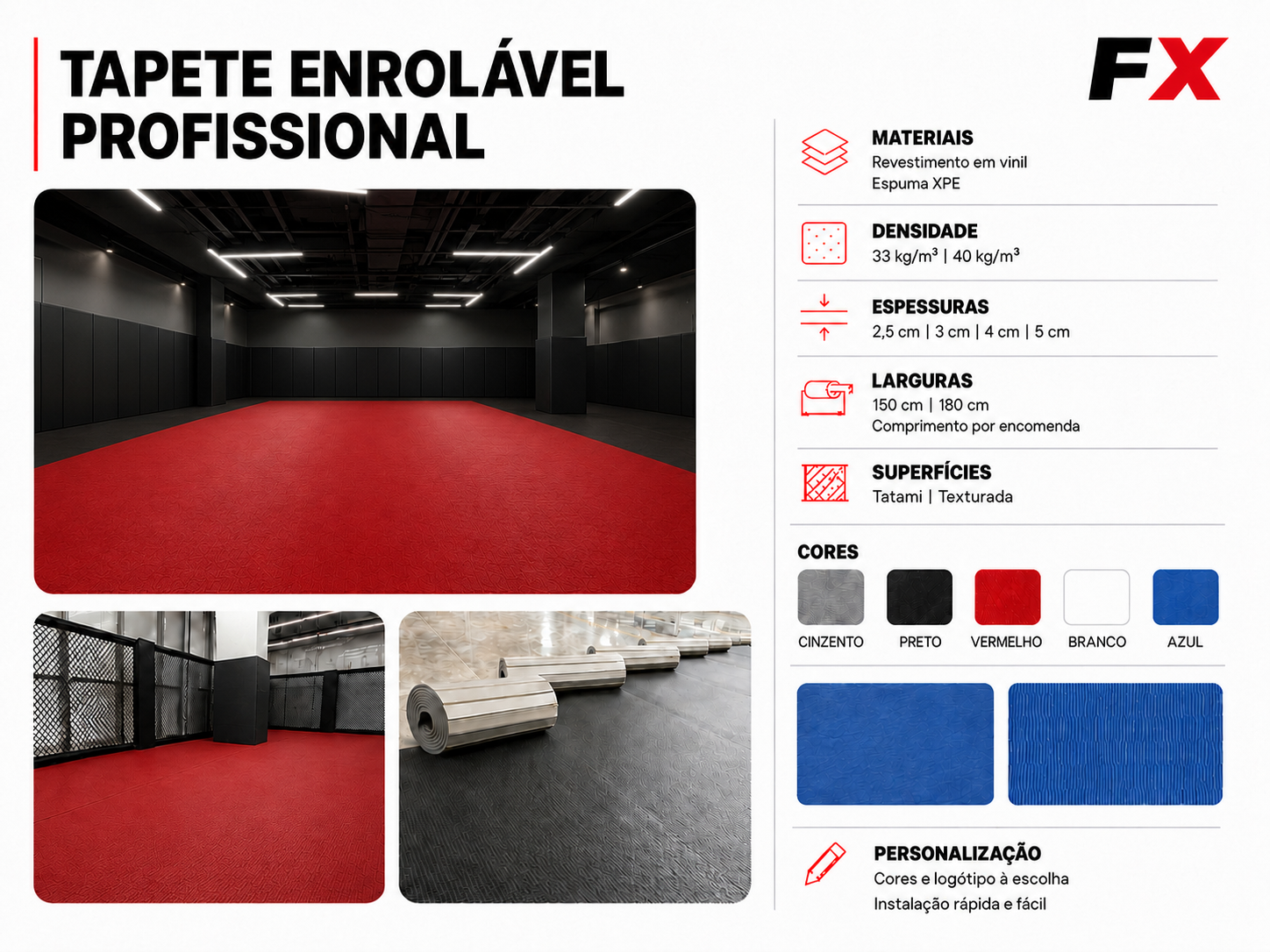Ficha técnica do tapete enrolável profissional FX com materiais, espessuras, larguras e cores