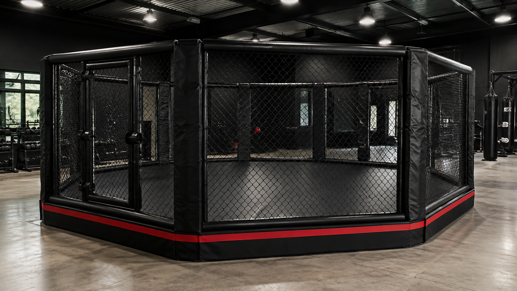 Jaula de MMA de chão com proteções pretas e faixa vermelha