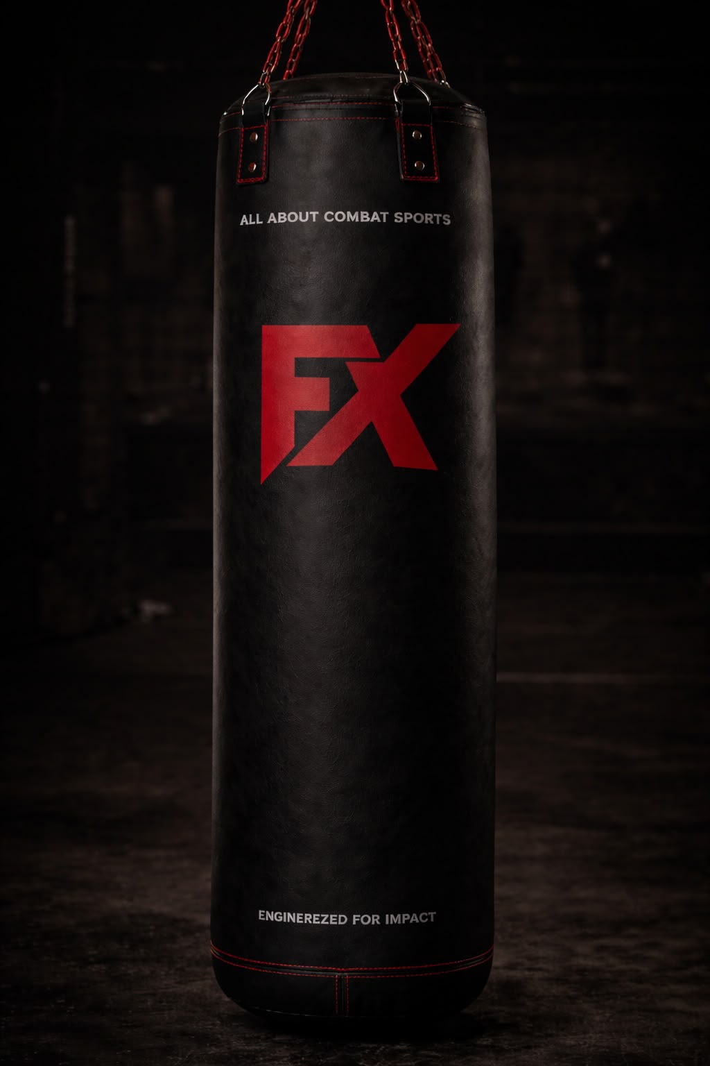 Black FX punching bag with red logo and chains