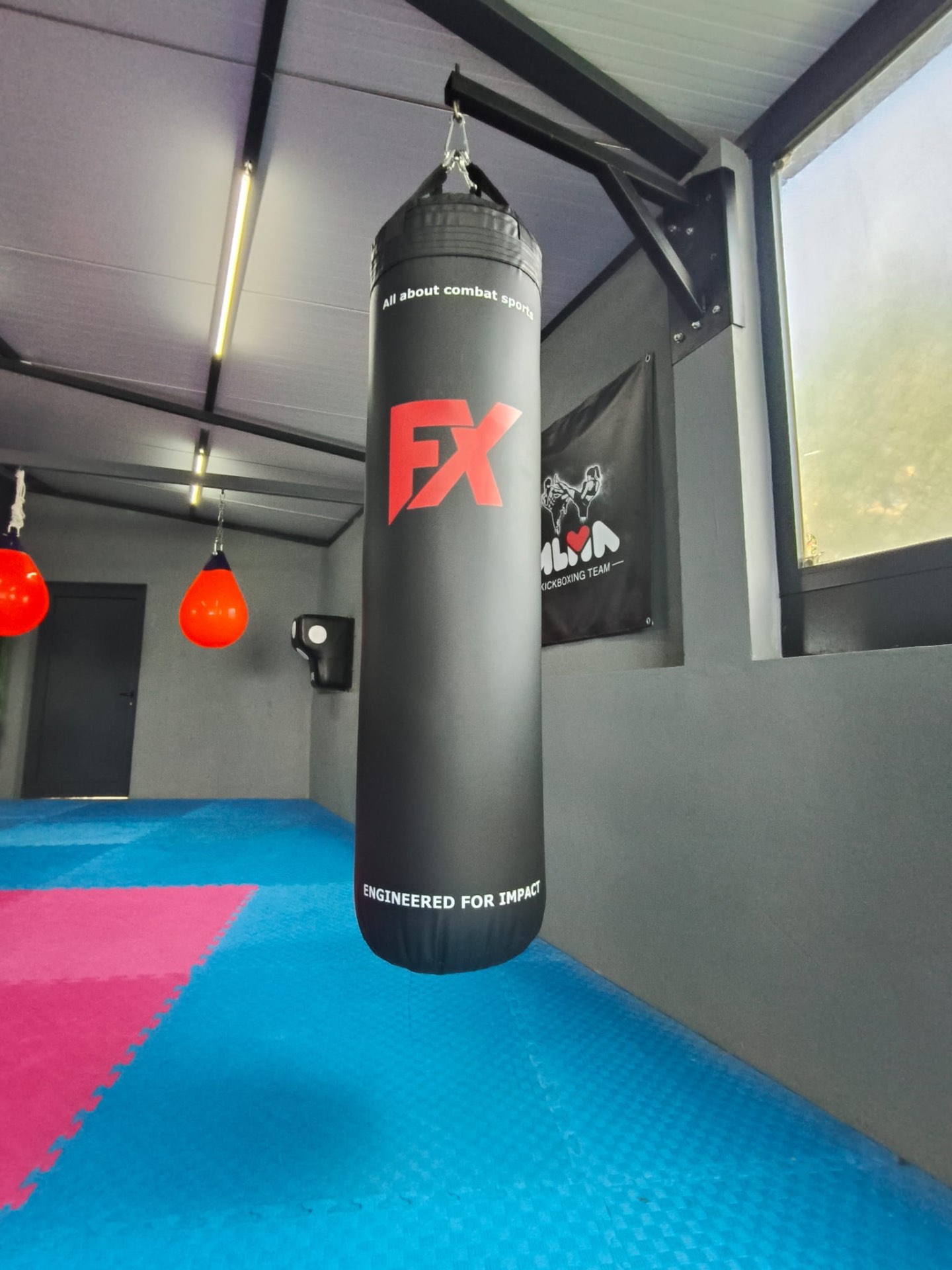 Black FX heavy bag with red logo hanging in a gym with blue mats